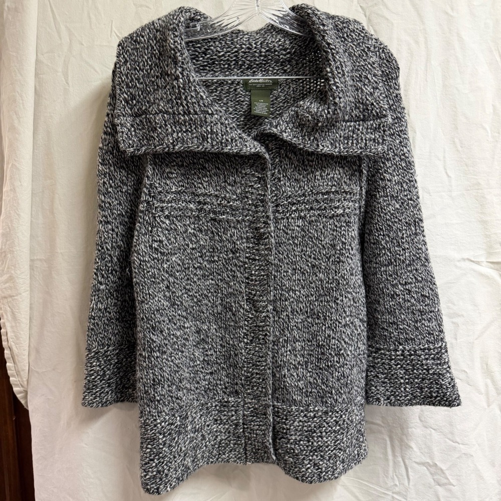Eddie Bauer Marled Knit Wool Alpaca Blend Snap Cardigan Sweater L Black White